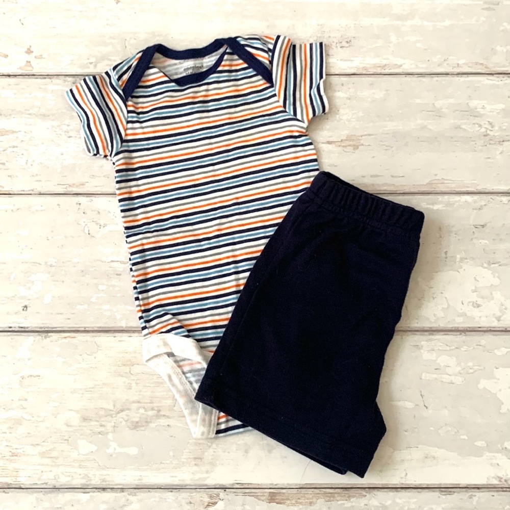 Baby Boy 3-6m Outfit Set Stripes Onesie Navy Blue Shorts 100% Cotton 3m 6m